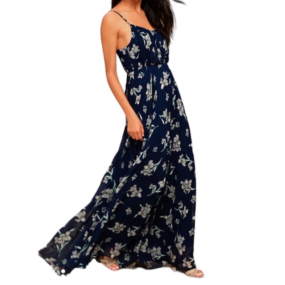 Lulus Memorable Night Navy Blue Floral Print Maxi Dress Small